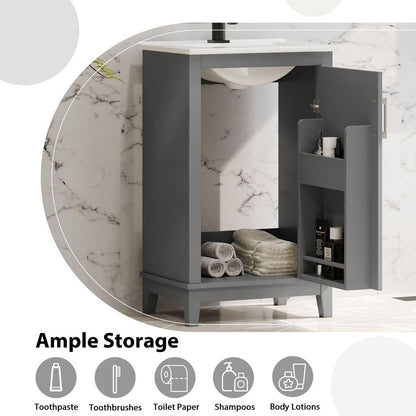 20 Inch Modern Small Bathroom Vanity Cabinet With Ceramic Basin- 20x15.5x33.3 Inches,Ample Storage,1 Soft-Close Door