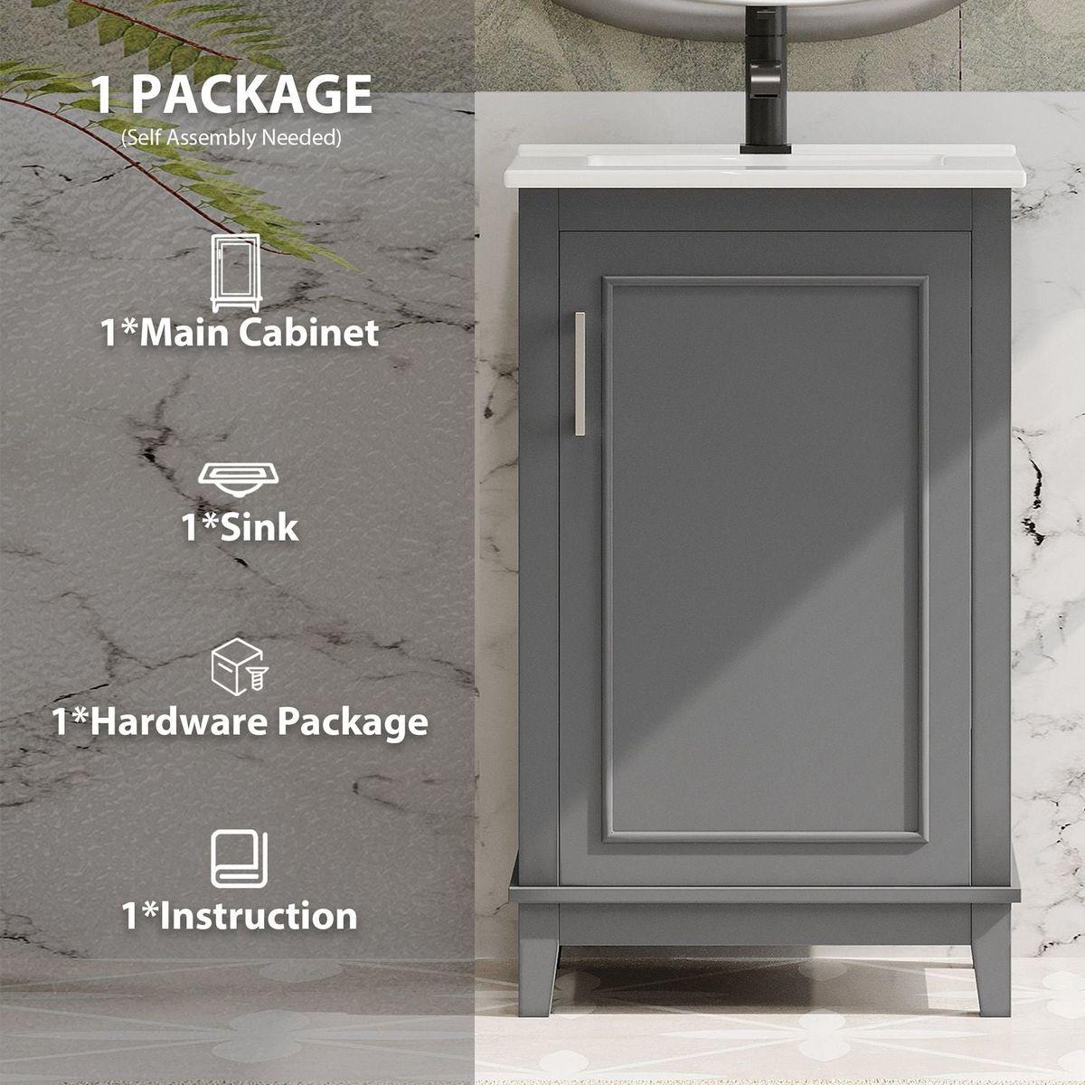 20 Inch Modern Small Bathroom Vanity Cabinet With Ceramic Basin- 20x15.5x33.3 Inches,Ample Storage,1 Soft-Close Door