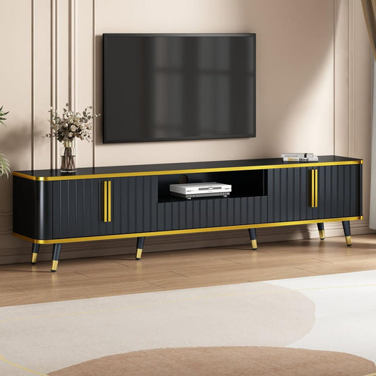 Luxury Minimalism TV Stand with Open Storage Shelf for TVs Up to 85", Entertainment Center with Cabinets and Drawers, Practical Media Console with Unique Legs for Living Room, Black