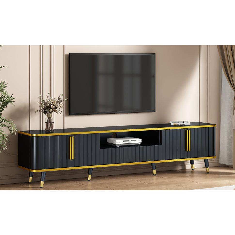 Luxury Minimalism TV Stand with Open Storage Shelf for TVs Up to 85", Entertainment Center with Cabinets and Drawers, Practical Media Console with Unique Legs for Living Room, Black