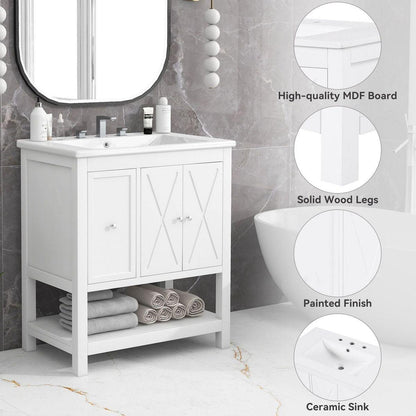 30" Bathroom Vanity with Sink Top, Bathroom Vanity Cabinet with Two Doors and One Drawer, MDF Boards, Solid Wood, One Package, White