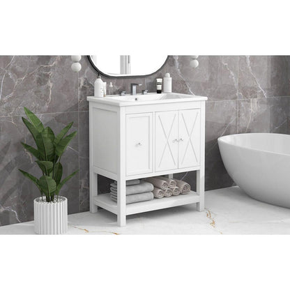 30" Bathroom Vanity with Sink Top, Bathroom Vanity Cabinet with Two Doors and One Drawer, MDF Boards, Solid Wood, One Package, White