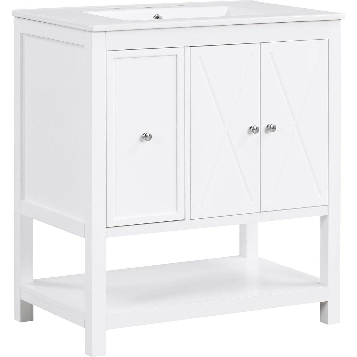 30" Bathroom Vanity with Sink Top, Bathroom Vanity Cabinet with Two Doors and One Drawer, MDF Boards, Solid Wood, One Package, White