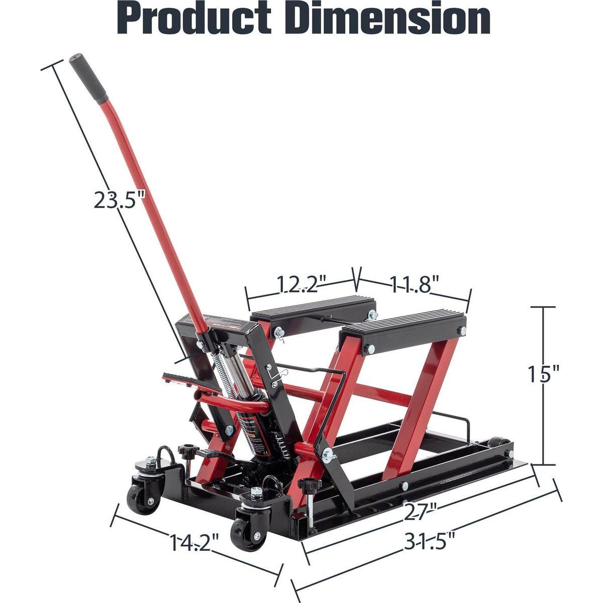 Hydraulic Motorcycle Lift Jack, 1500 LBS Capacity Foot-Operated Motorcycle Lift Table, ATV Scissor Lift Jack with 4.5" - 15" Lifting Range, Portable Motorcycle Lift Table with Wheels