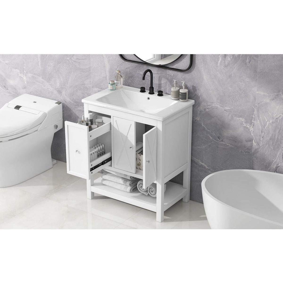 30" Bathroom Vanity with Sink Top, Bathroom Vanity Cabinet with Two Doors and One Drawer, MDF Boards, Solid Wood, One Package, White