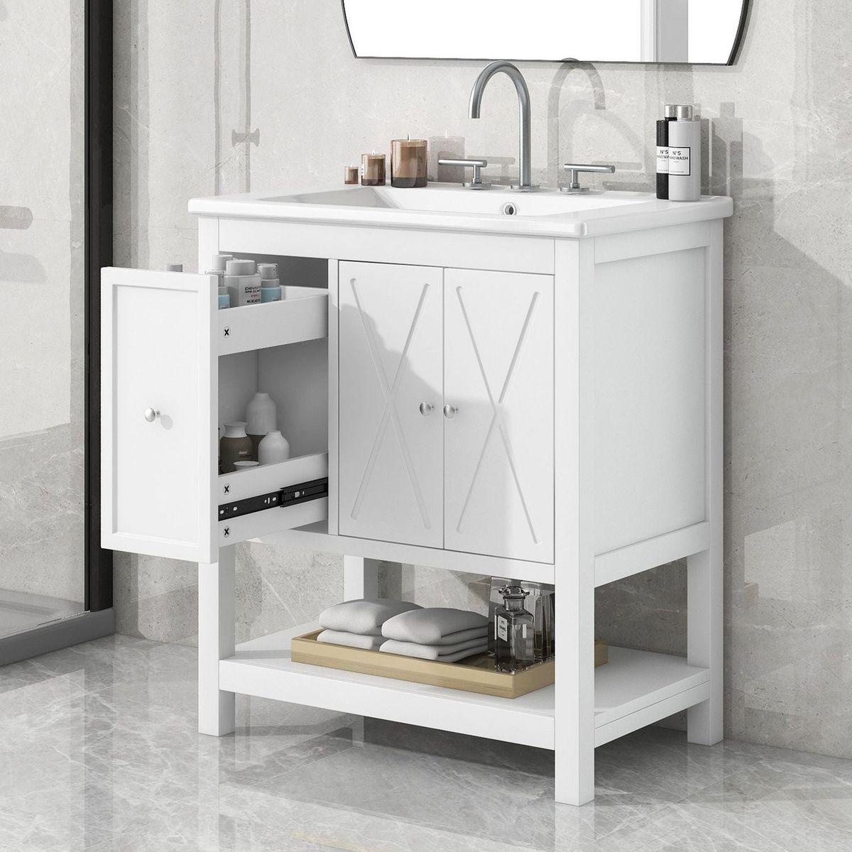 30" Bathroom Vanity with Sink Top, Bathroom Vanity Cabinet with Two Doors and One Drawer, MDF Boards, Solid Wood, One Package, White