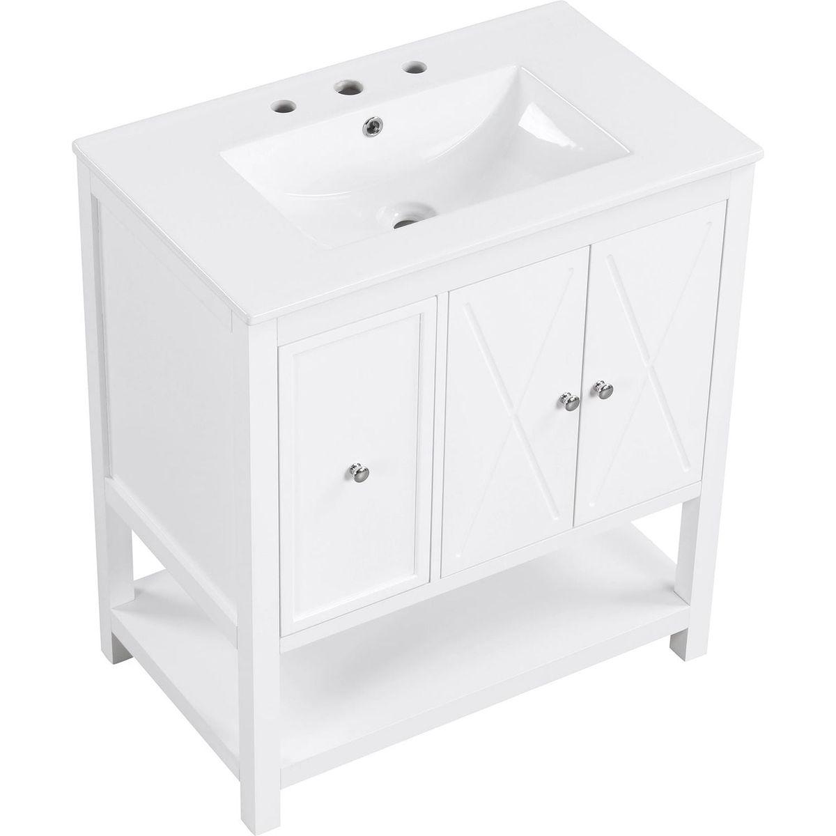 30" Bathroom Vanity with Sink Top, Bathroom Vanity Cabinet with Two Doors and One Drawer, MDF Boards, Solid Wood, One Package, White