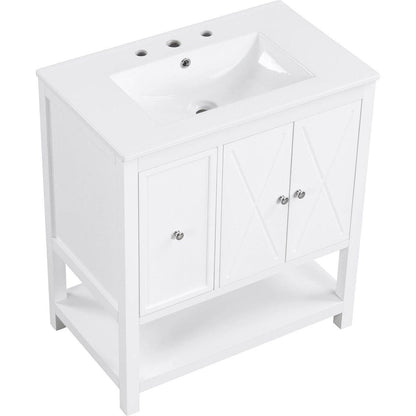 30" Bathroom Vanity with Sink Top, Bathroom Vanity Cabinet with Two Doors and One Drawer, MDF Boards, Solid Wood, One Package, White