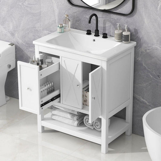 30" Bathroom Vanity with Sink Top, Bathroom Vanity Cabinet with Two Doors and One Drawer, MDF Boards, Solid Wood, One Package, White