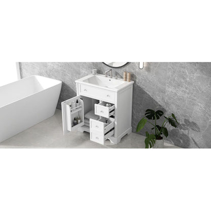 30" Bathroom Vanity with Sink Top, Bathroom Vanity Cabinet with Door and Two Drawers, MDF Boards, Solid Wood, One Package, White