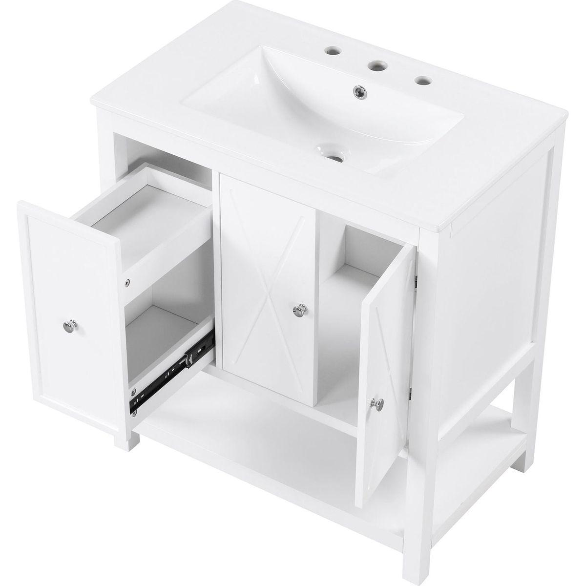 30" Bathroom Vanity with Sink Top, Bathroom Vanity Cabinet with Two Doors and One Drawer, MDF Boards, Solid Wood, One Package, White