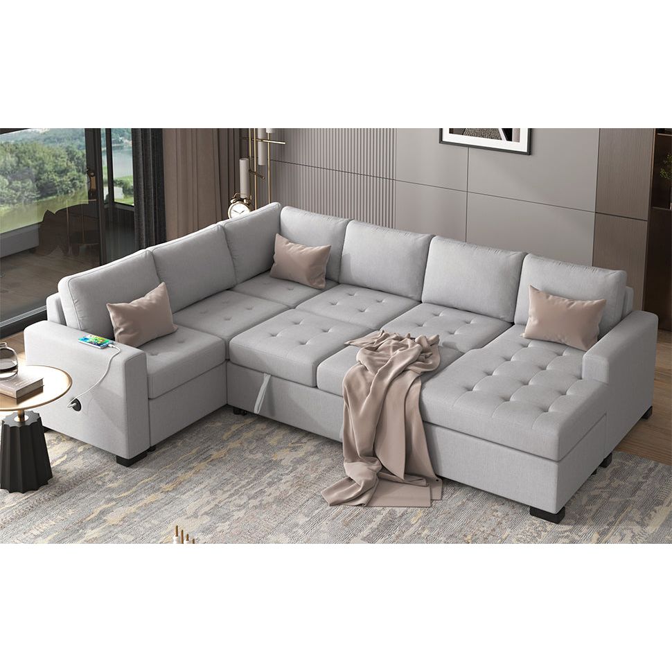 Sectional Sleeper Sofa with Pull-out Bed and Lounge Chair, USB and Type-C Interfaces, Suitable for Living Room, Office, and Spacious Spaces