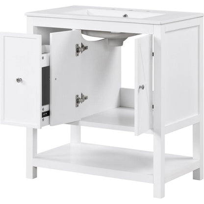 30" Bathroom Vanity with Sink Top, Bathroom Vanity Cabinet with Two Doors and One Drawer, MDF Boards, Solid Wood, One Package, White