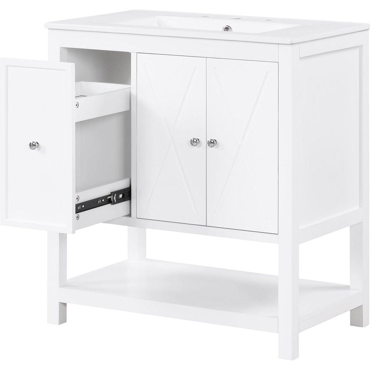 30" Bathroom Vanity with Sink Top, Bathroom Vanity Cabinet with Two Doors and One Drawer, MDF Boards, Solid Wood, One Package, White