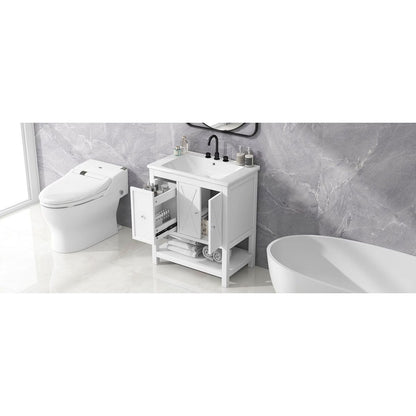 30" Bathroom Vanity with Sink Top, Bathroom Vanity Cabinet with Two Doors and One Drawer, MDF Boards, Solid Wood, One Package, White