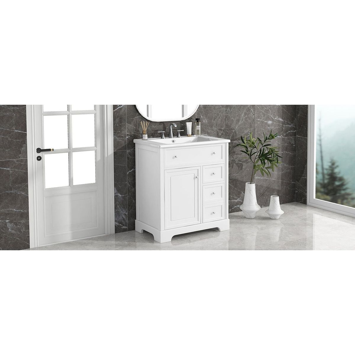 30" Bathroom Vanity with Sink Top, Bathroom Vanity Cabinet with Door and Two Drawers, MDF Boards, Solid Wood, One Package, White