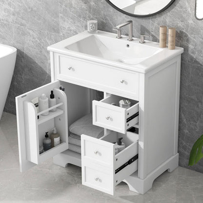 30" Bathroom Vanity with Sink Top, Bathroom Vanity Cabinet with Door and Two Drawers, MDF Boards, Solid Wood, One Package, White