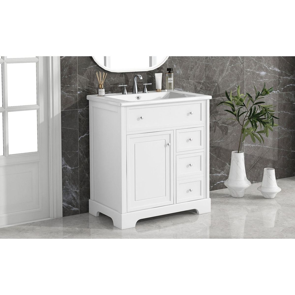 30" Bathroom Vanity with Sink Top, Bathroom Vanity Cabinet with Door and Two Drawers, MDF Boards, Solid Wood, One Package, White