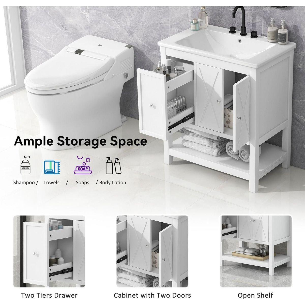 30" Bathroom Vanity with Sink Top, Bathroom Vanity Cabinet with Two Doors and One Drawer, MDF Boards, Solid Wood, One Package, White