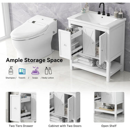 30" Bathroom Vanity with Sink Top, Bathroom Vanity Cabinet with Two Doors and One Drawer, MDF Boards, Solid Wood, One Package, White