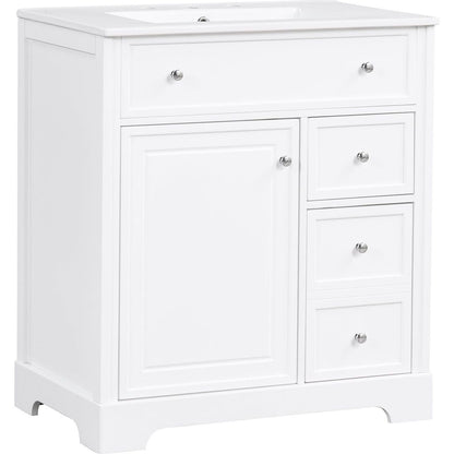 30" Bathroom Vanity with Sink Top, Bathroom Vanity Cabinet with Door and Two Drawers, MDF Boards, Solid Wood, One Package, White