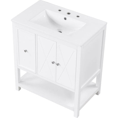 30" Bathroom Vanity with Sink Top, Bathroom Vanity Cabinet with Two Doors and One Drawer, MDF Boards, Solid Wood, One Package, White