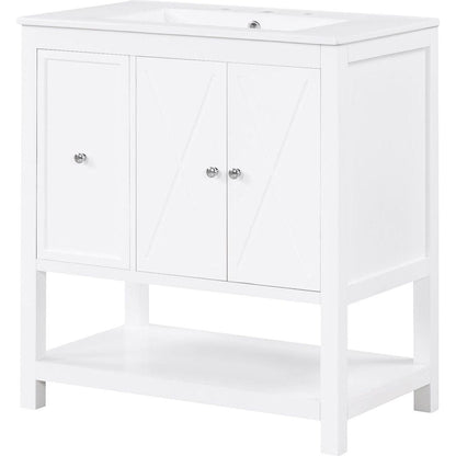 30" Bathroom Vanity with Sink Top, Bathroom Vanity Cabinet with Two Doors and One Drawer, MDF Boards, Solid Wood, One Package, White