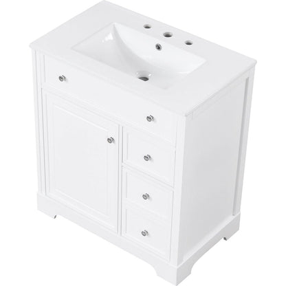 30" Bathroom Vanity with Sink Top, Bathroom Vanity Cabinet with Door and Two Drawers, MDF Boards, Solid Wood, One Package, White