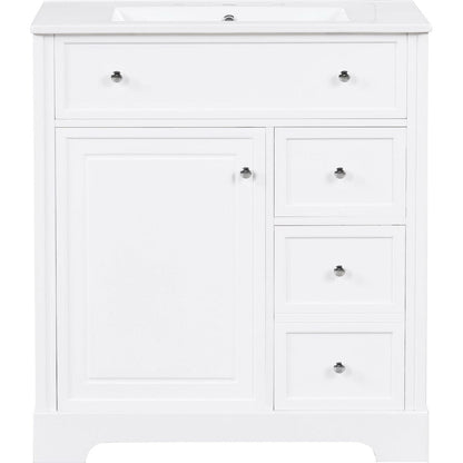 30" Bathroom Vanity with Sink Top, Bathroom Vanity Cabinet with Door and Two Drawers, MDF Boards, Solid Wood, One Package, White