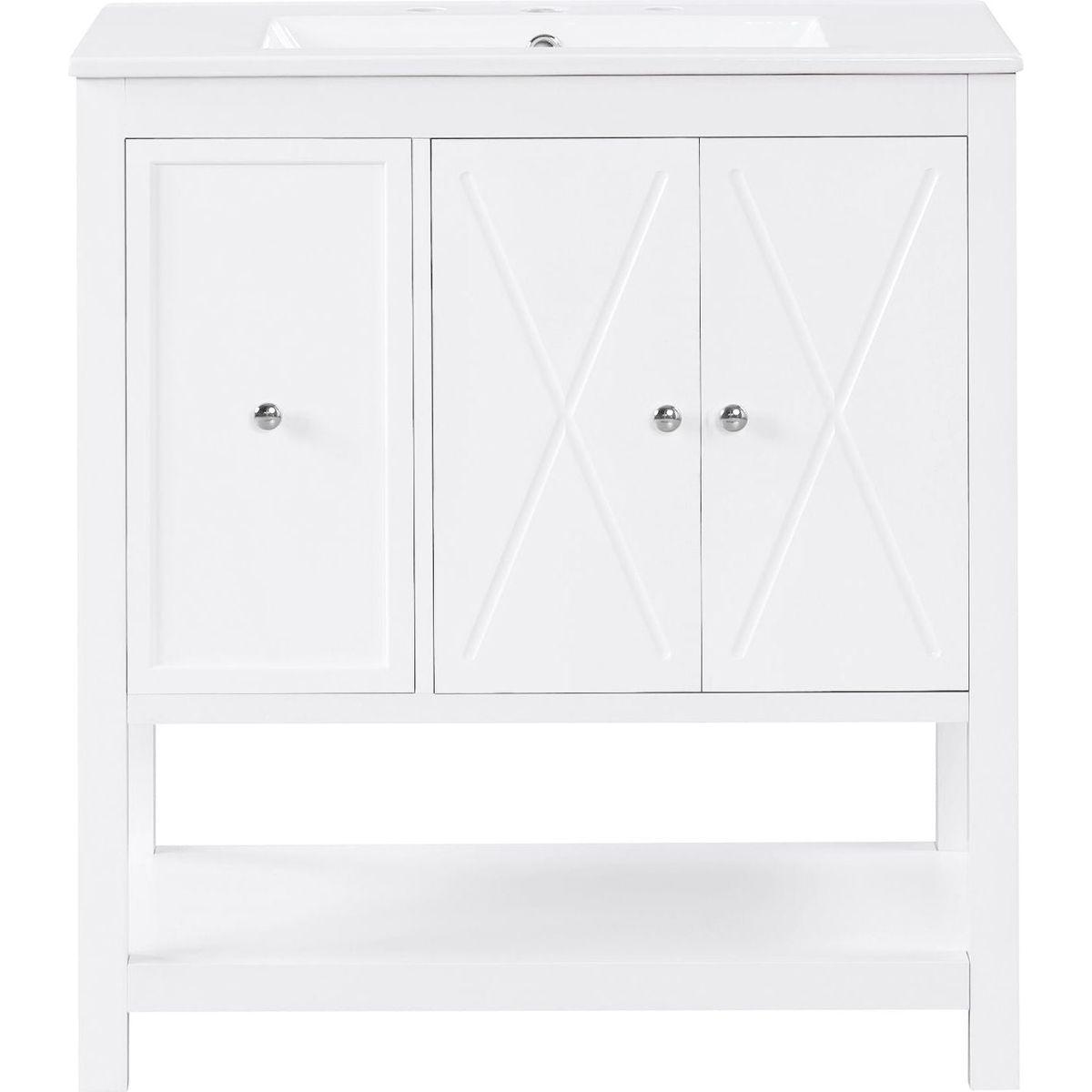 30" Bathroom Vanity with Sink Top, Bathroom Vanity Cabinet with Two Doors and One Drawer, MDF Boards, Solid Wood, One Package, White