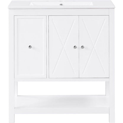 30" Bathroom Vanity with Sink Top, Bathroom Vanity Cabinet with Two Doors and One Drawer, MDF Boards, Solid Wood, One Package, White