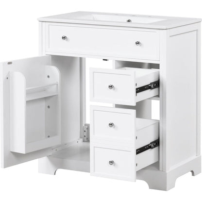 30" Bathroom Vanity with Sink Top, Bathroom Vanity Cabinet with Door and Two Drawers, MDF Boards, Solid Wood, One Package, White