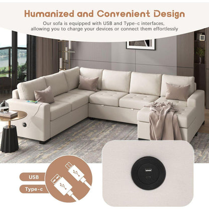 Sectional Sleeper Sofa with Pull-out Bed and Lounge Chair, USB and Type-C Interfaces, Suitable for Living Room, Office, and Spacious Spaces