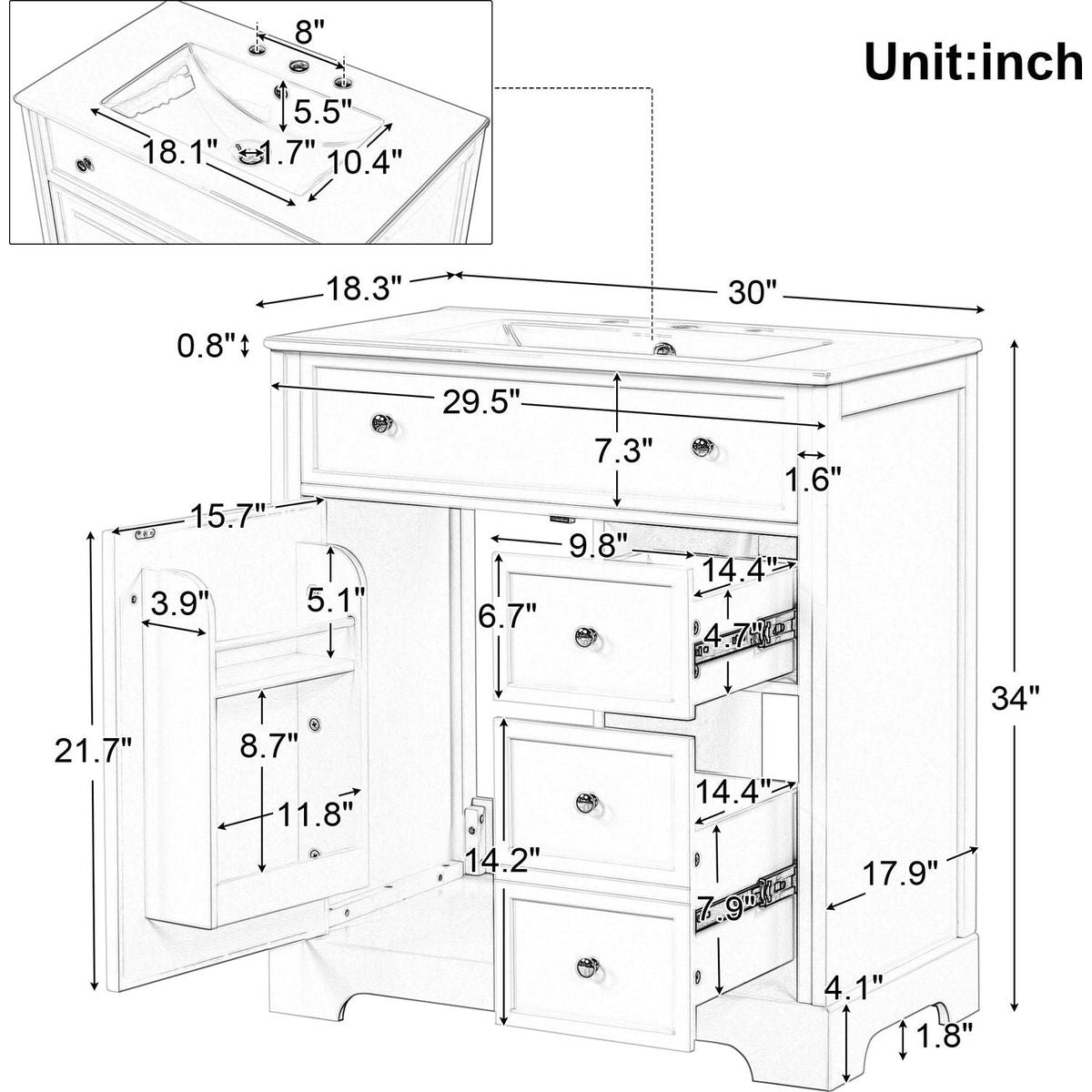 30" Bathroom Vanity with Sink Top, Bathroom Vanity Cabinet with Door and Two Drawers, MDF Boards, Solid Wood, One Package, White