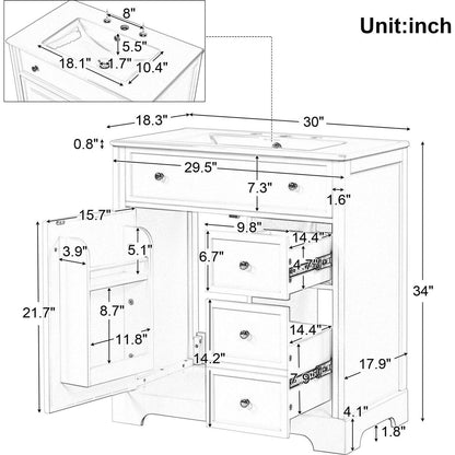 30" Bathroom Vanity with Sink Top, Bathroom Vanity Cabinet with Door and Two Drawers, MDF Boards, Solid Wood, One Package, White