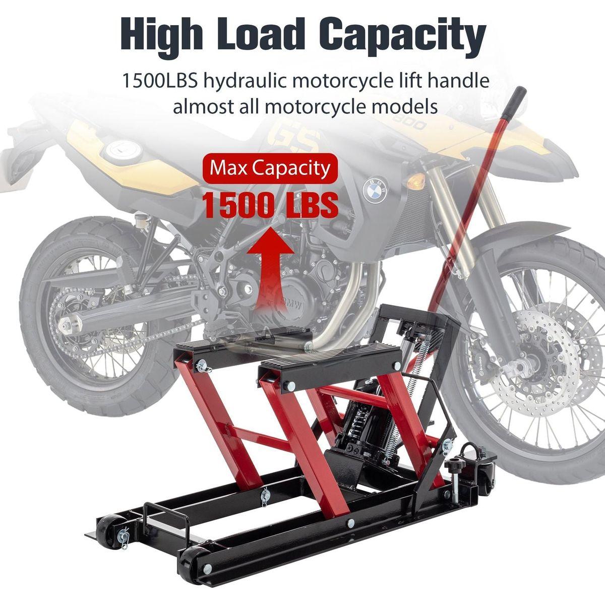 Hydraulic Motorcycle Lift Jack, 1500 LBS Capacity Foot-Operated Motorcycle Lift Table, ATV Scissor Lift Jack with 4.5" - 15" Lifting Range, Portable Motorcycle Lift Table with Wheels