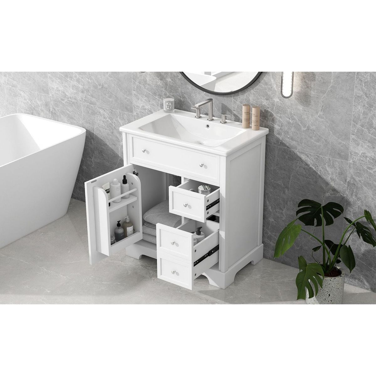 30" Bathroom Vanity with Sink Top, Bathroom Vanity Cabinet with Door and Two Drawers, MDF Boards, Solid Wood, One Package, White