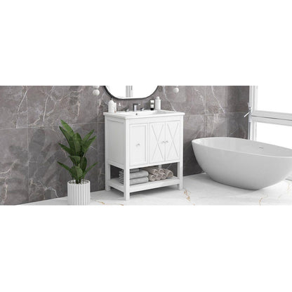 30" Bathroom Vanity with Sink Top, Bathroom Vanity Cabinet with Two Doors and One Drawer, MDF Boards, Solid Wood, One Package, White