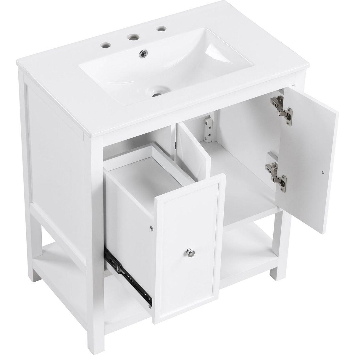 30" Bathroom Vanity with Sink Top, Bathroom Vanity Cabinet with Two Doors and One Drawer, MDF Boards, Solid Wood, One Package, White