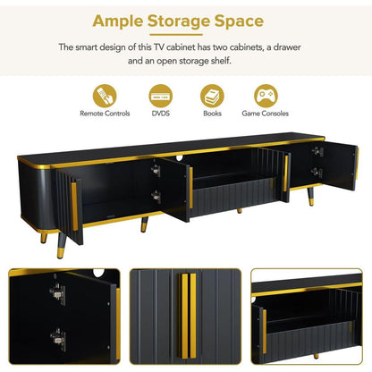Luxury Minimalism TV Stand with Open Storage Shelf for TVs Up to 85", Entertainment Center with Cabinets and Drawers, Practical Media Console with Unique Legs for Living Room, Black