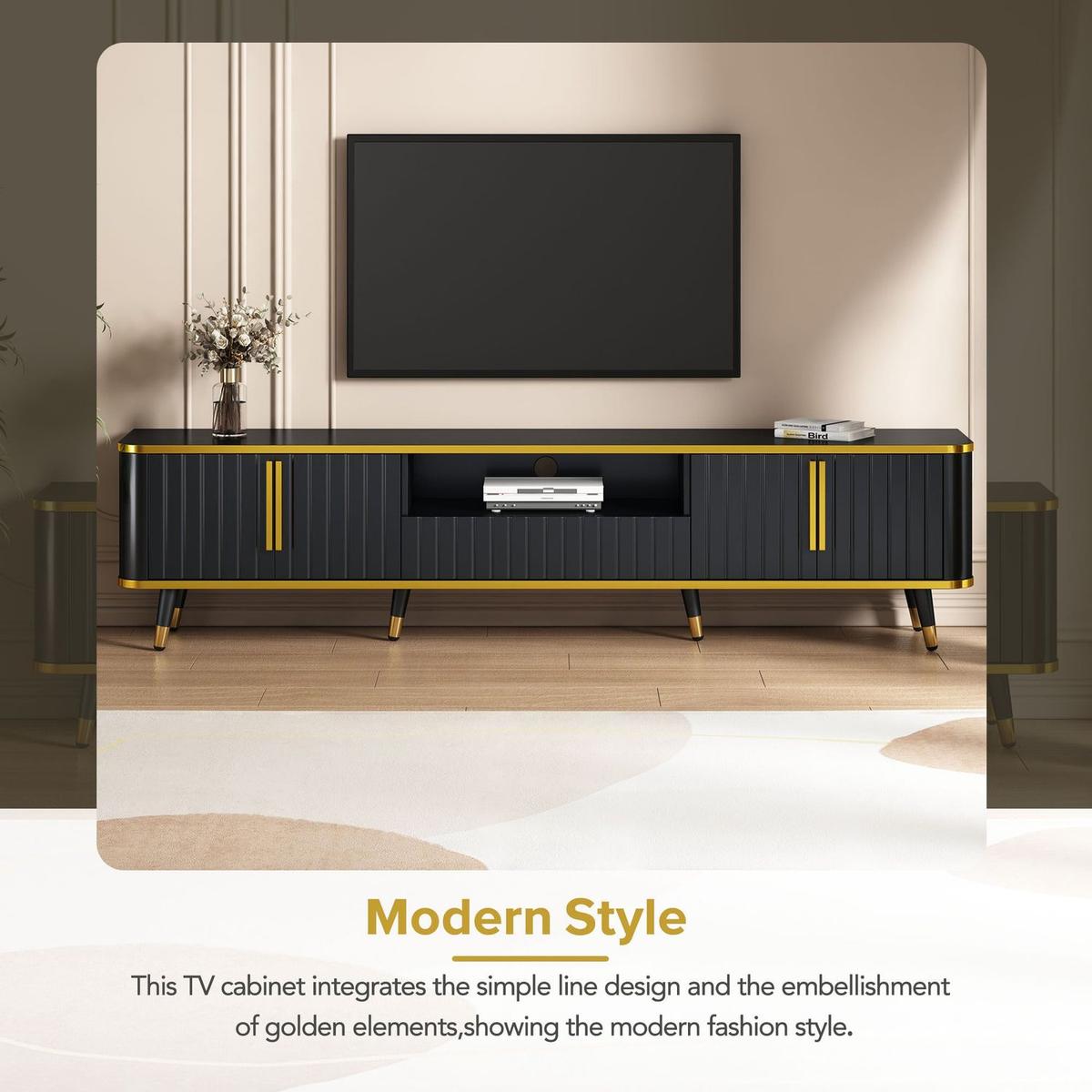Luxury Minimalism TV Stand with Open Storage Shelf for TVs Up to 85", Entertainment Center with Cabinets and Drawers, Practical Media Console with Unique Legs for Living Room, Black
