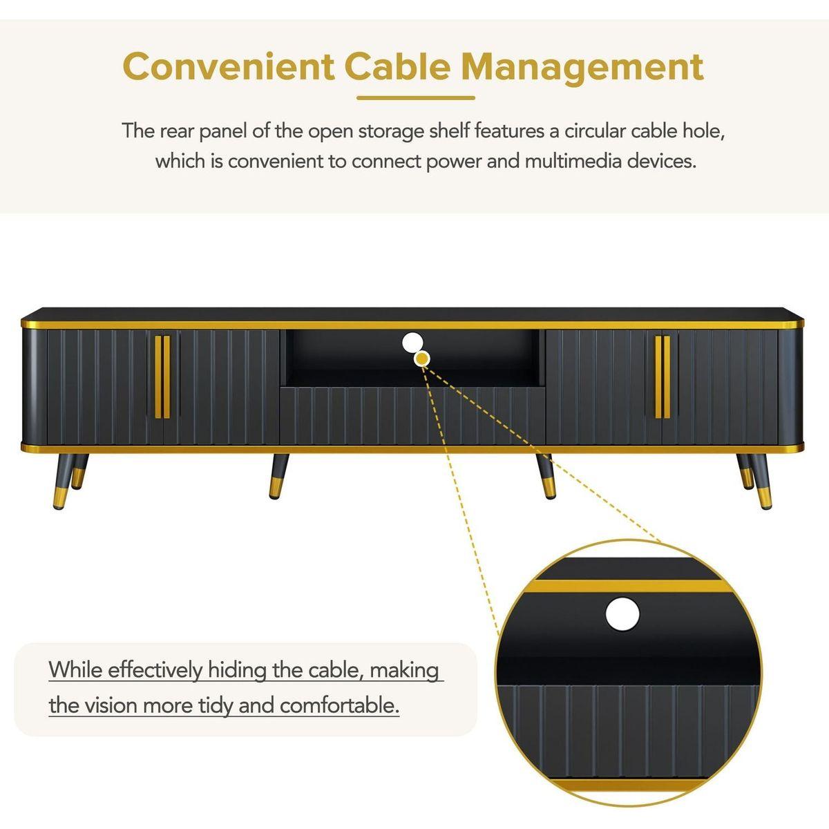 Luxury Minimalism TV Stand with Open Storage Shelf for TVs Up to 85", Entertainment Center with Cabinets and Drawers, Practical Media Console with Unique Legs for Living Room, Black