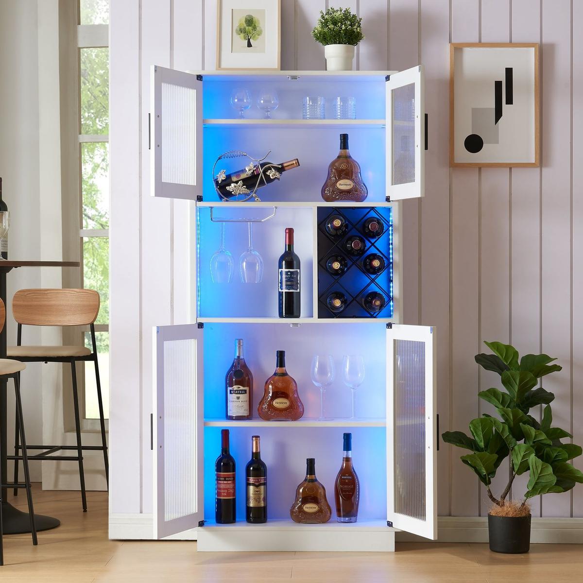 LED Wine Bar Cabinets with Wine Rack, Wine Bottle Rack, Storage Cabinet for Kitchen, Dining Room, Narrow White