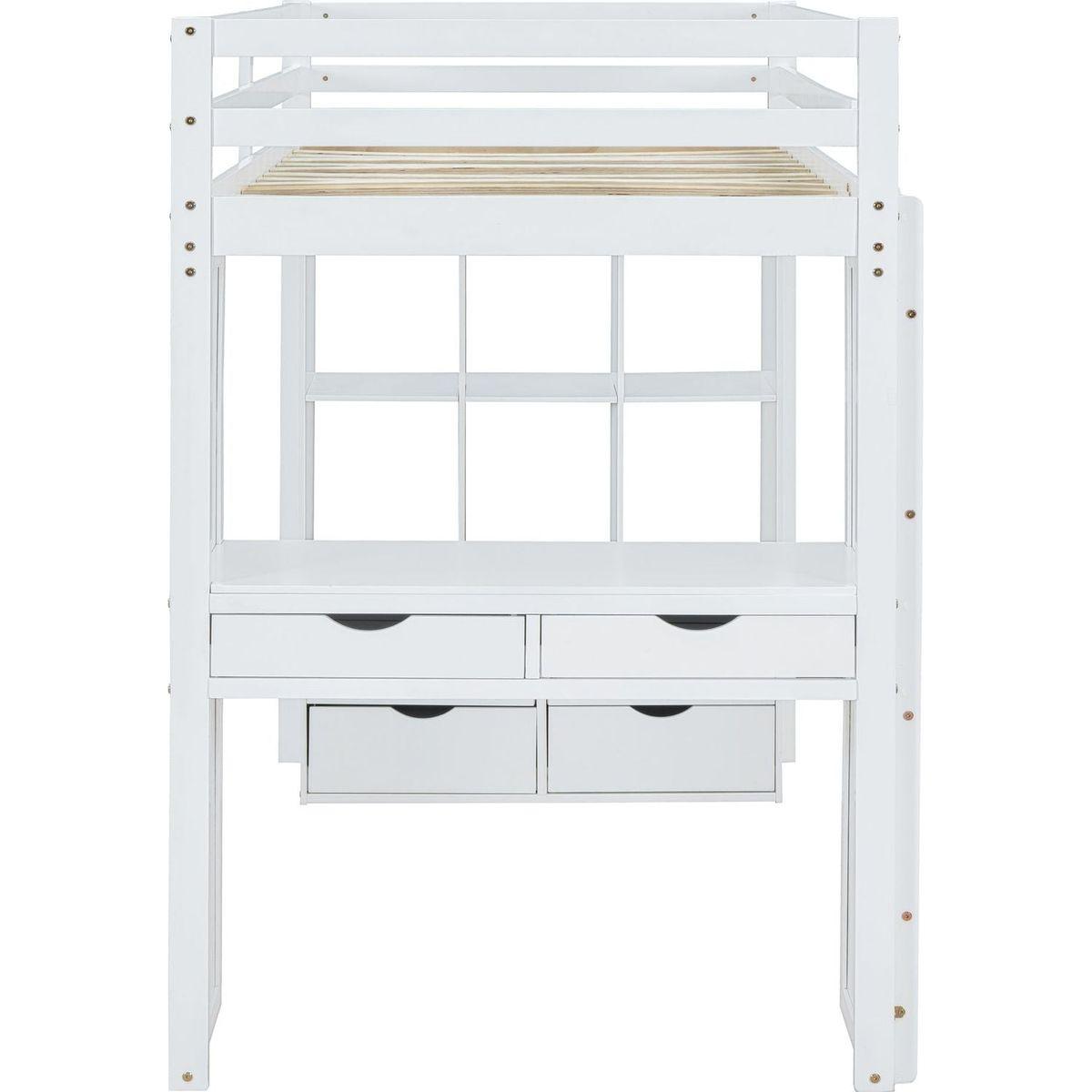 Full Size Loft Bed with large shelves, writing desk and LED Light, White