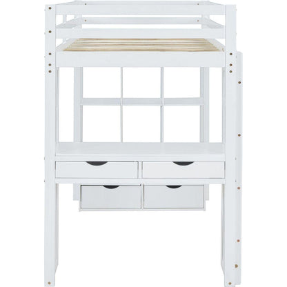 Full Size Loft Bed with large shelves, writing desk and LED Light, White