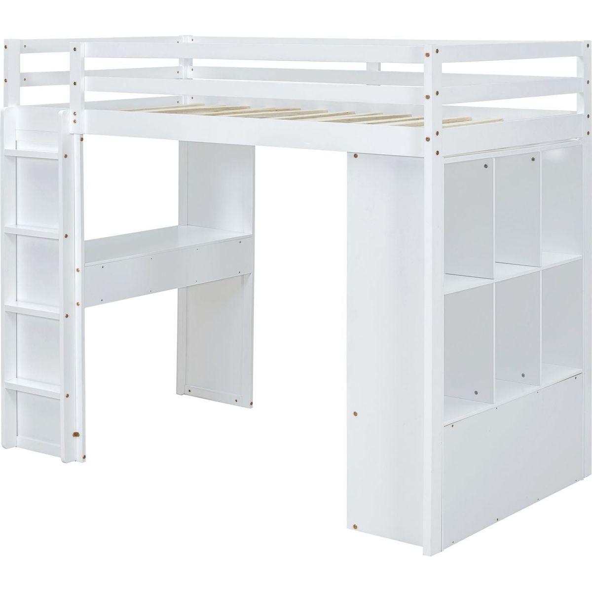 Full Size Loft Bed with large shelves, writing desk and LED Light, White