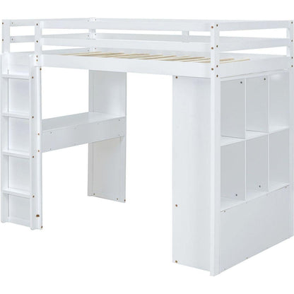 Full Size Loft Bed with large shelves, writing desk and LED Light, White