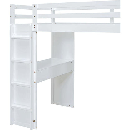 Full Size Loft Bed with large shelves, writing desk and LED Light, White