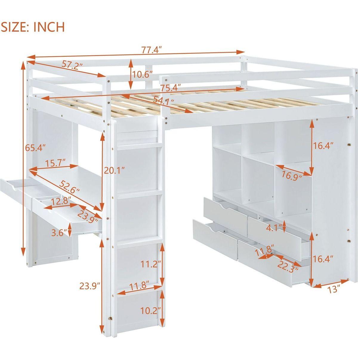 Full Size Loft Bed with large shelves, writing desk and LED Light, White