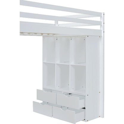 Full Size Loft Bed with large shelves, writing desk and LED Light, White